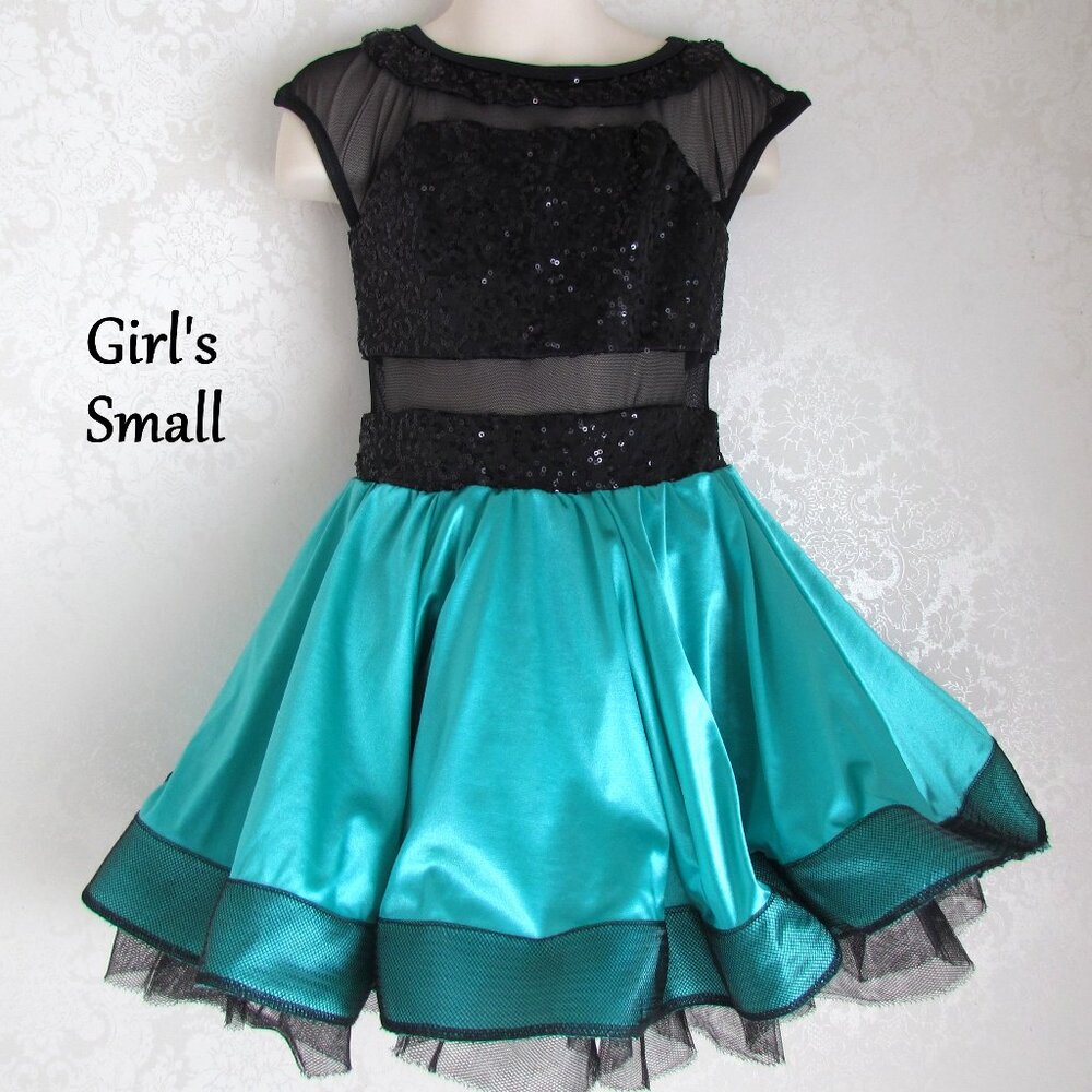 GIRL'S DANCE COSTUME, S, WEISSMAN BLACK & GREEN FLARED SKIRT, MESH INSERT TORSO